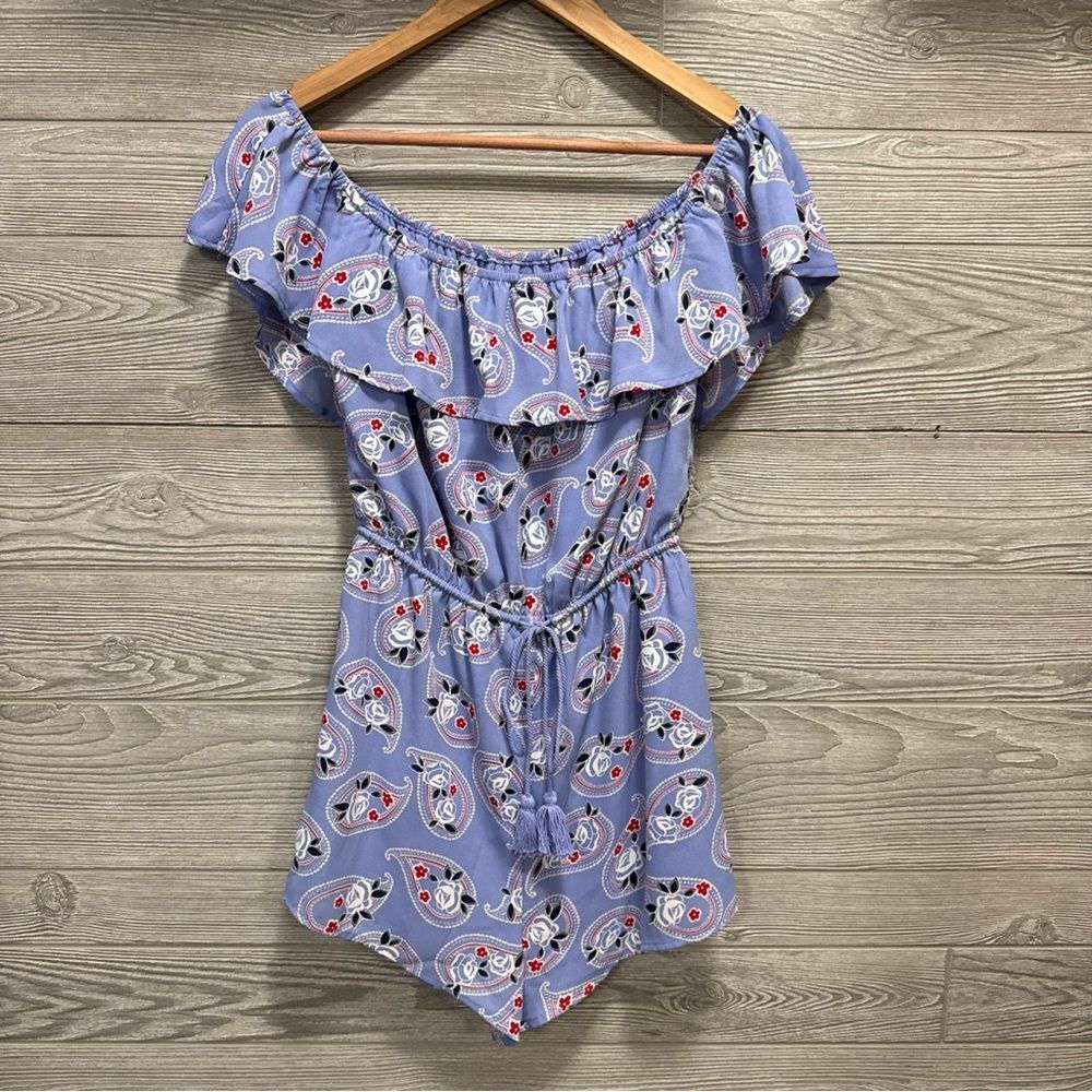 Blue Rain Paisley Boho Romper Womens S Off Shoulder Lined Tassels Resort NWT